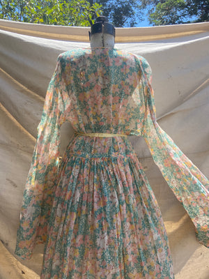 Handmade 1930s Watercolor Voile Bell Sleeve Dress