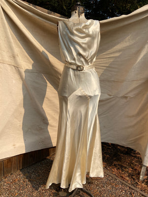 1930s Silk Satin Bias Cut Two Piece Bishop Sleeve Wedding Dress