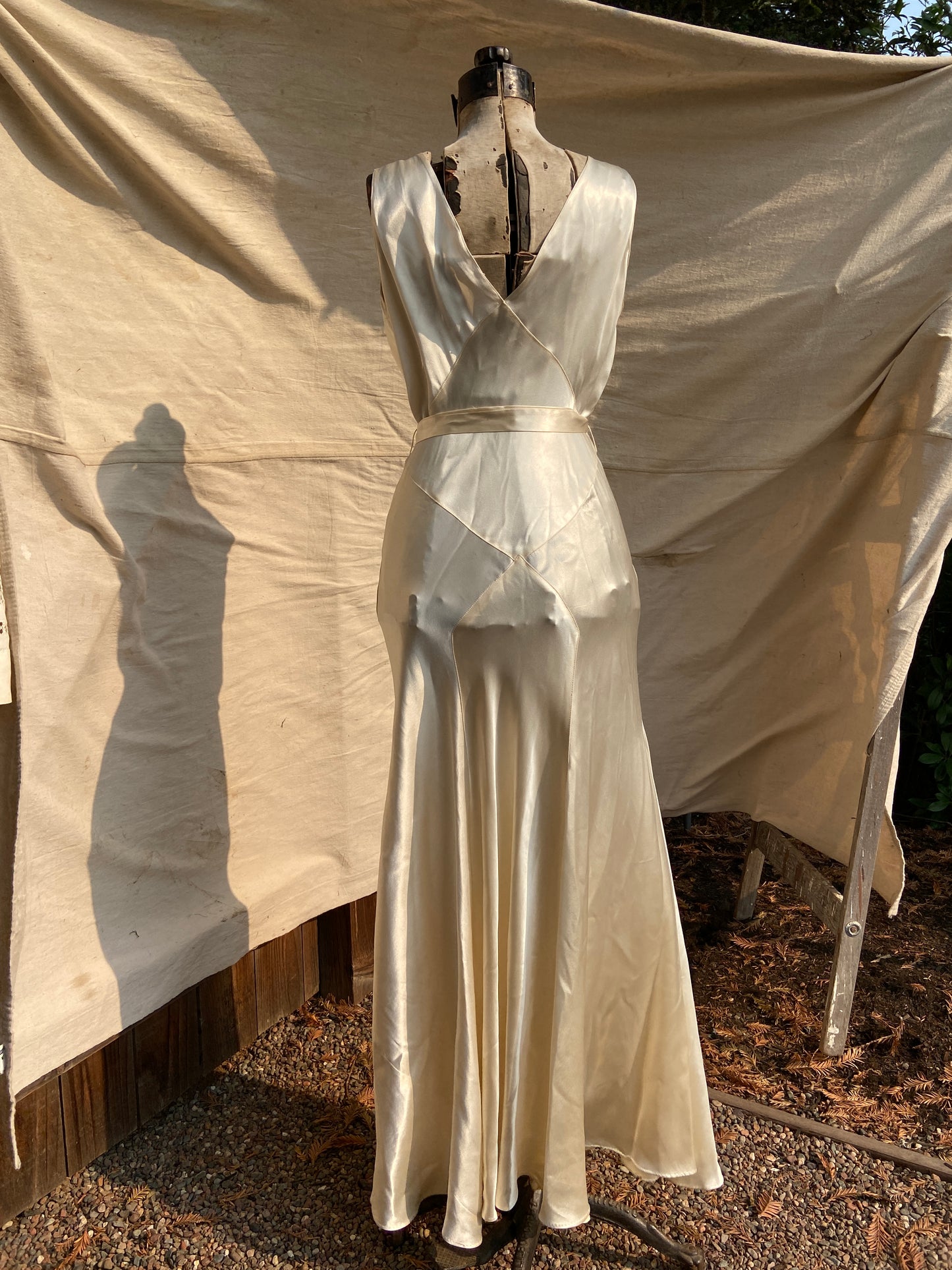 1930s Silk Satin Bias Cut Two Piece Bishop Sleeve Wedding Dress