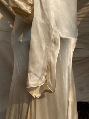 1930s Silk Satin Bias Cut Two Piece Bishop Sleeve Wedding Dress