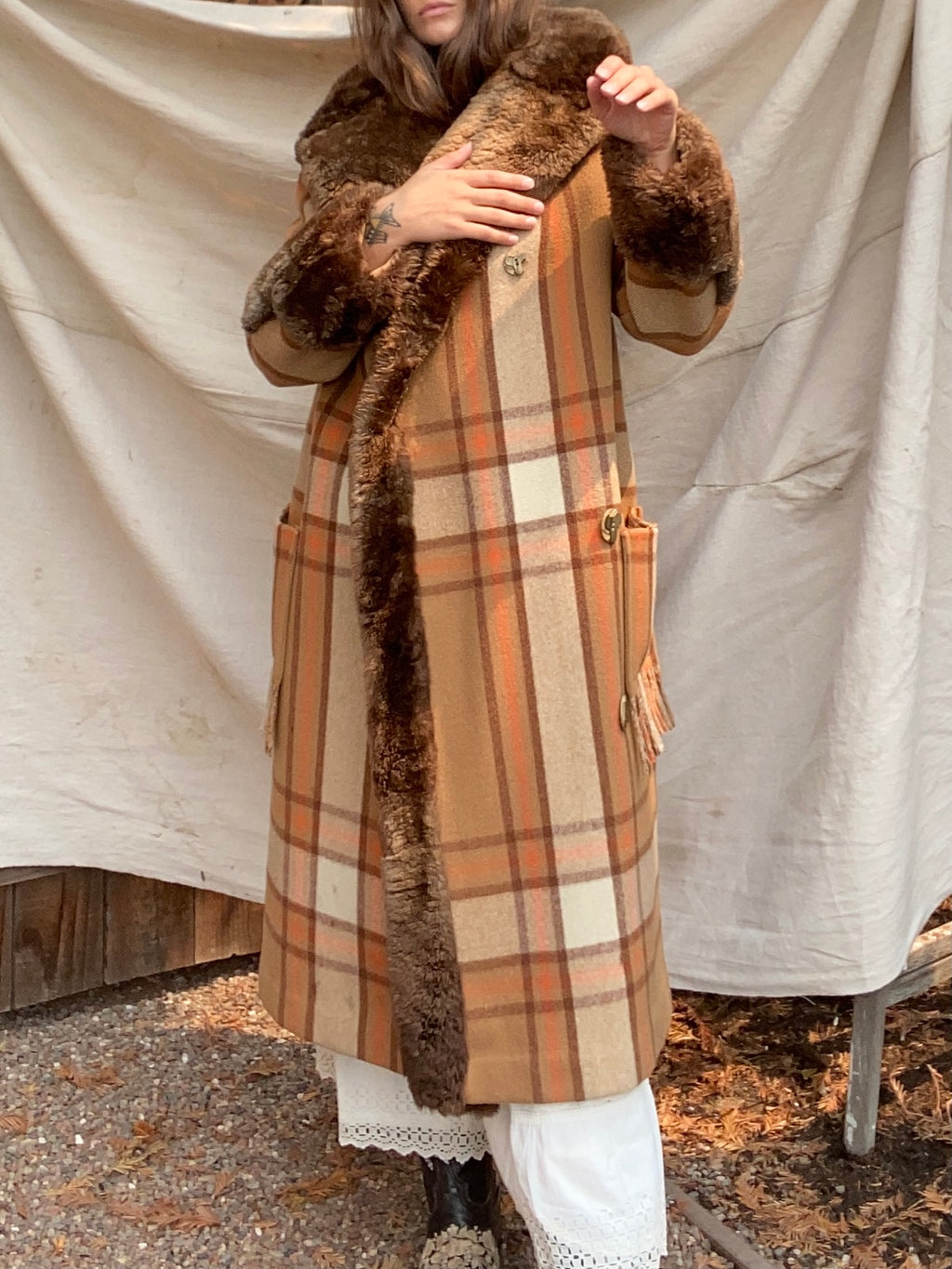 RESERVED~ 1920s Plaid Wool Fur Trimmed Fringe Coat