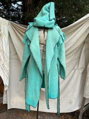 Mid Century Handmade Minty Wool Fringed Capote Coat
