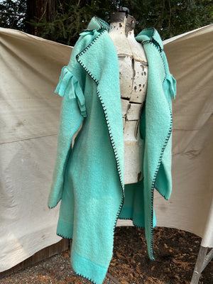 Mid Century Handmade Minty Wool Fringed Capote Coat
