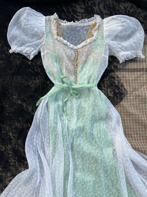 1930s Puff Sleeve Floral Organza Wedding Dress