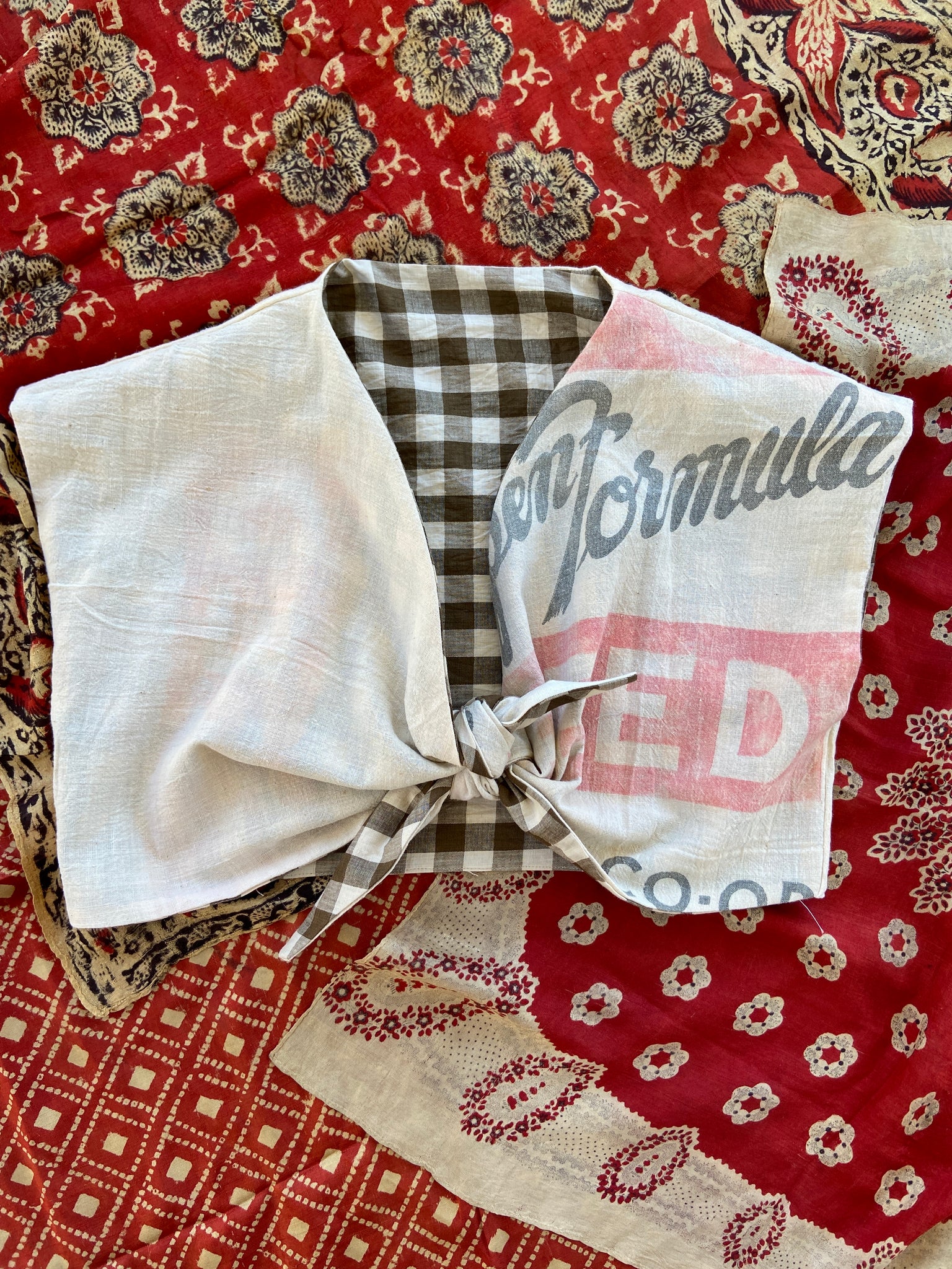 1940's Inspired Tie Front Brown Gingham/ Feedsack Top