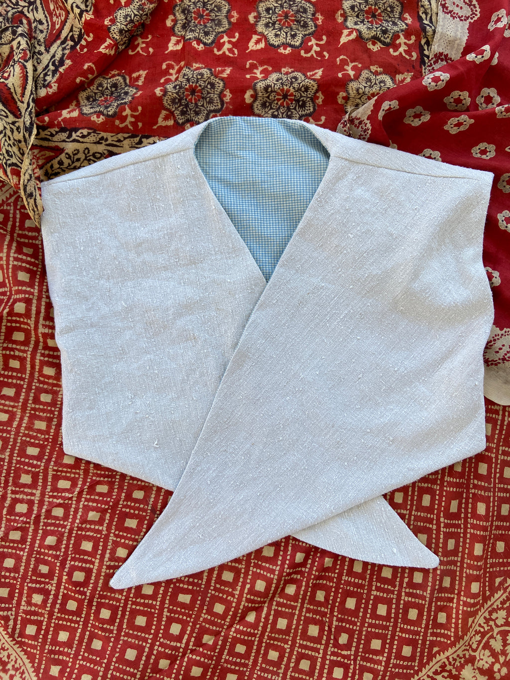 1940's Inspired Linen/ Blue Gingham Tie Front Top