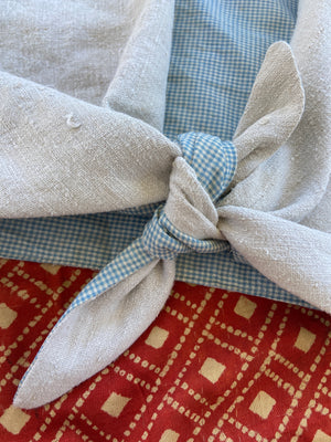 1940's Inspired Linen/ Blue Gingham Tie Front Top