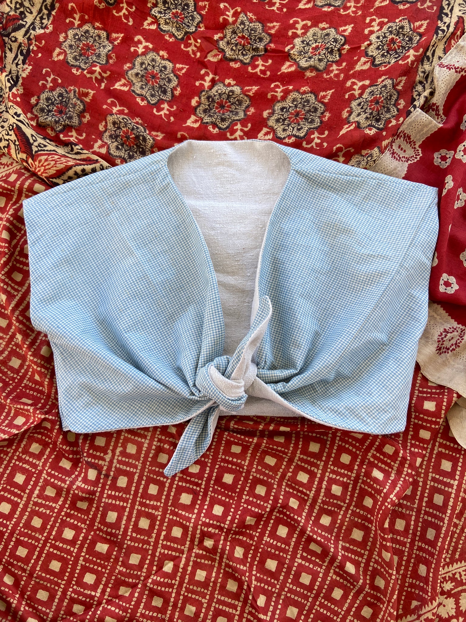 1940's Inspired Linen/ Blue Gingham Tie Front Top