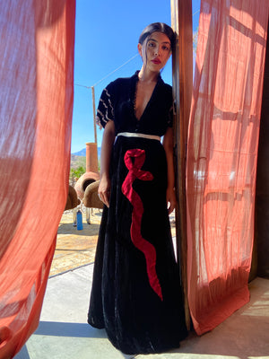 1940s Noir Silk Velvet Snake Appliqué Dress