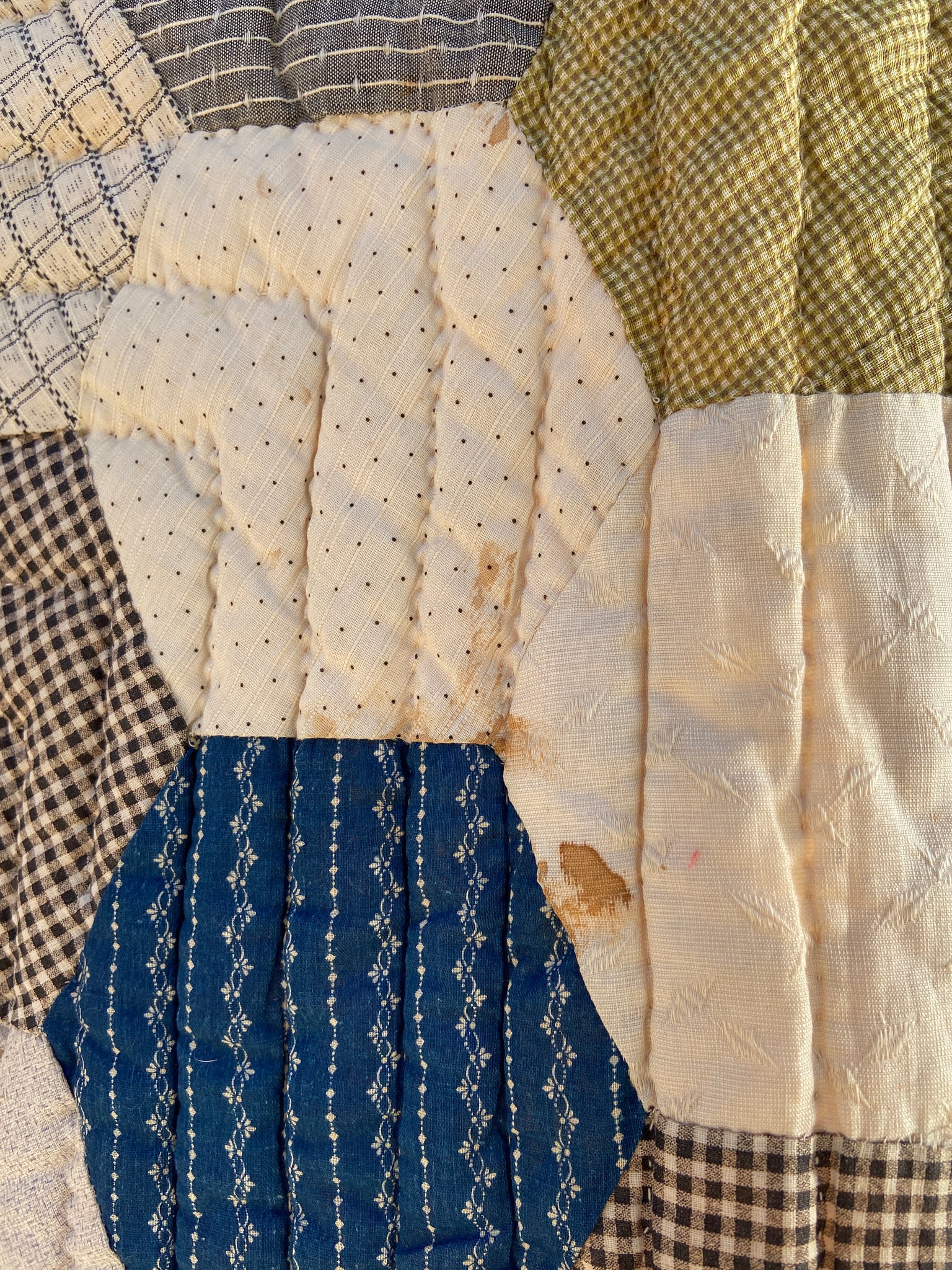1900-30s Octagon Flower Calico Quilt/Bedspread