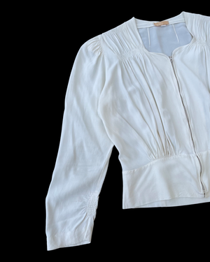 1940s Silk Crepe Talon Bell Zip Front Ruched Blouse