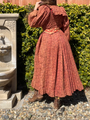 Reserved- 1890s Terracotta Indian Inspired Printed Bishop Sleeve Wrapper Gown