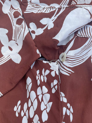 Rare 1940s Cold Rayon Hawaiiana Loop Collar Puff Sleeve Tie Waist Blouse