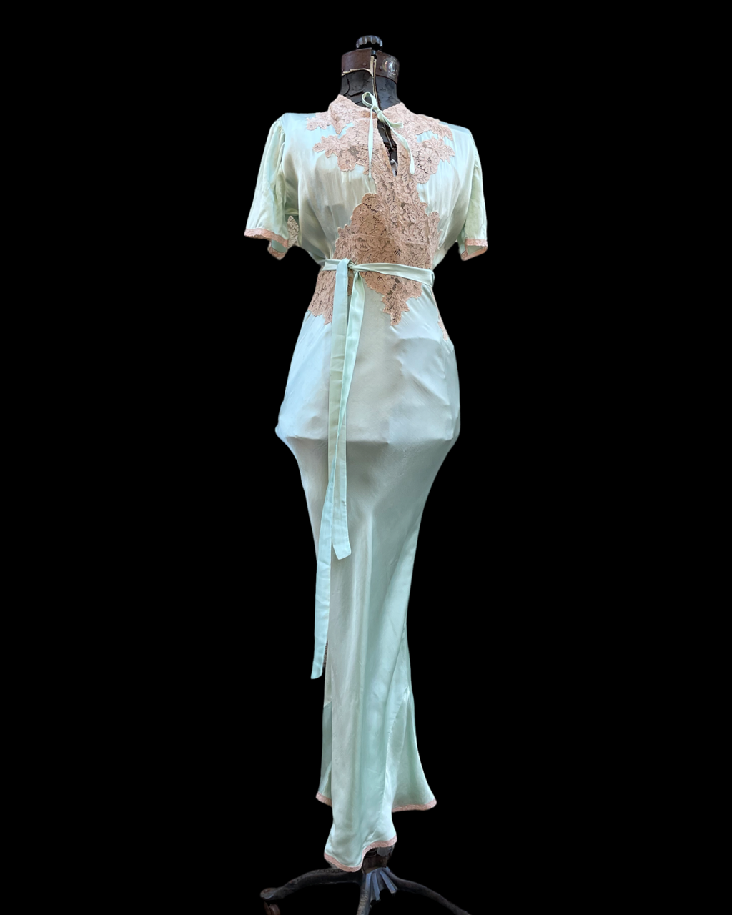 1930s Minty Silk & Ecru Lace Bias Cut Slip Dress