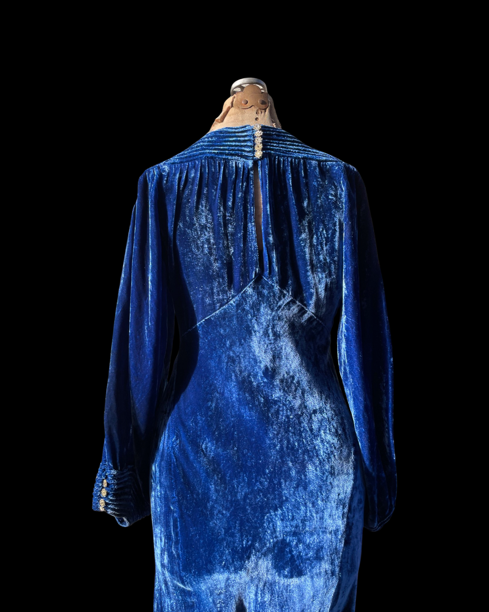 1930s Royal Blue Bias Cut Silk Velvet Split Sleeve Gown