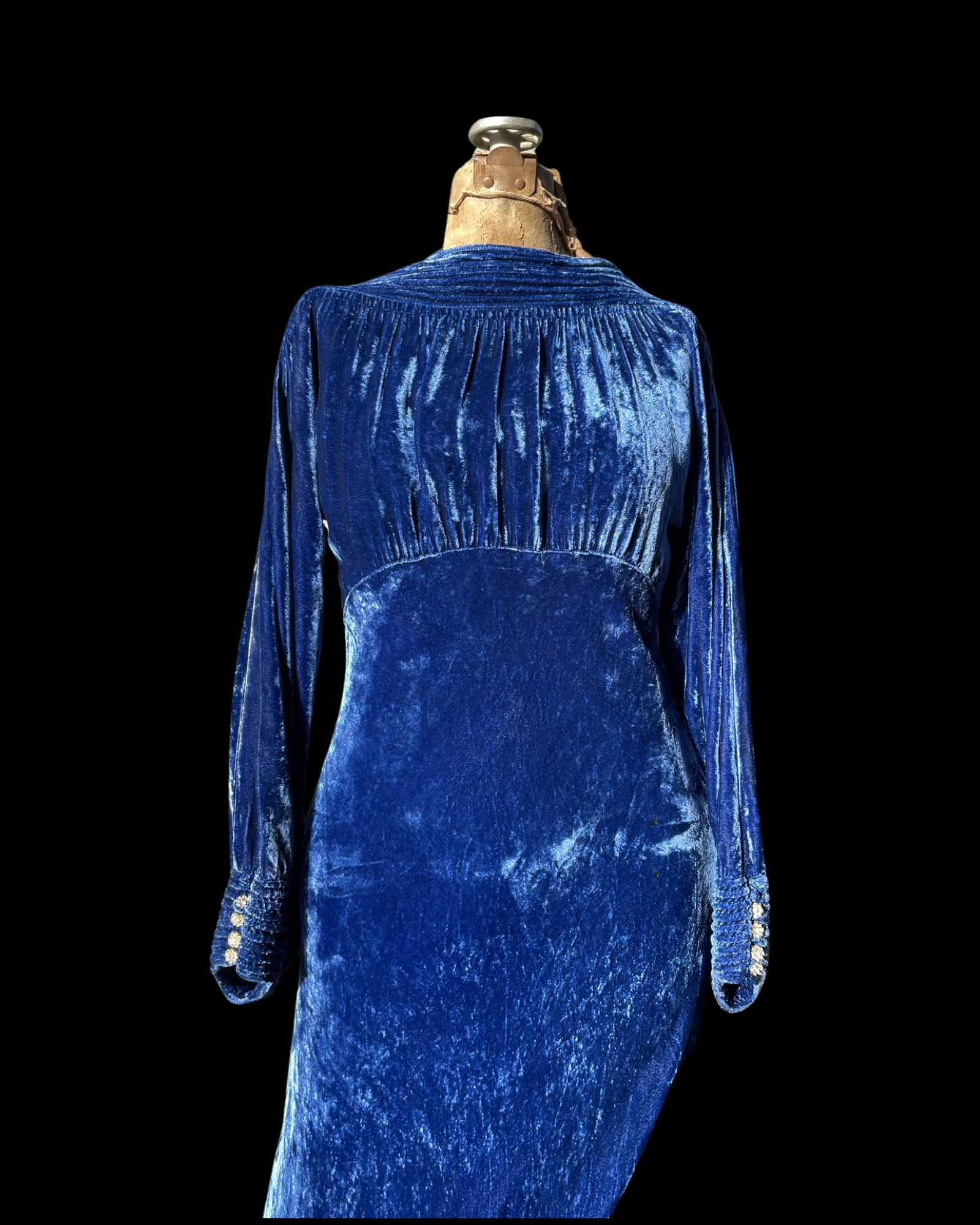 1930s Royal Blue Bias Cut Silk Velvet Split Sleeve Gown