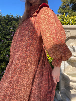 Reserved- 1890s Terracotta Indian Inspired Printed Bishop Sleeve Wrapper Gown