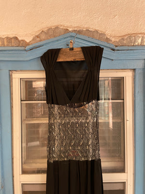 1930s Metallic Lace Sheer Midriff Gown