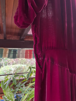 1930s Merlot Silk Velvet Ruched Midi Dress