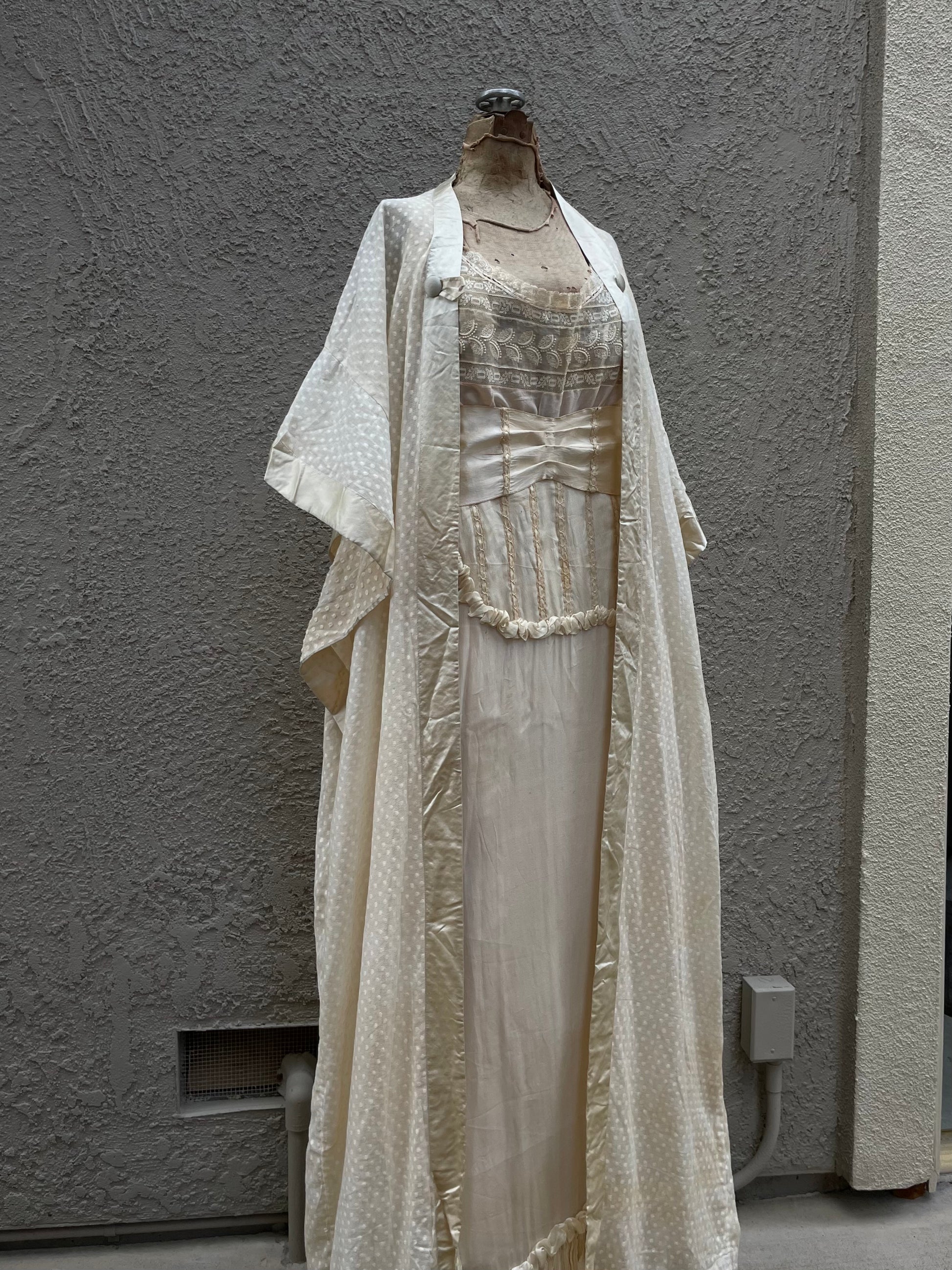 1910s Swiss Dot Cotton & Silk Trim Edwardian Dressing Gown Robe Of the Palms 1910s Swiss Dot Cotton & Silk Trim Edwardian Dressing Gown Robe Of the Palms