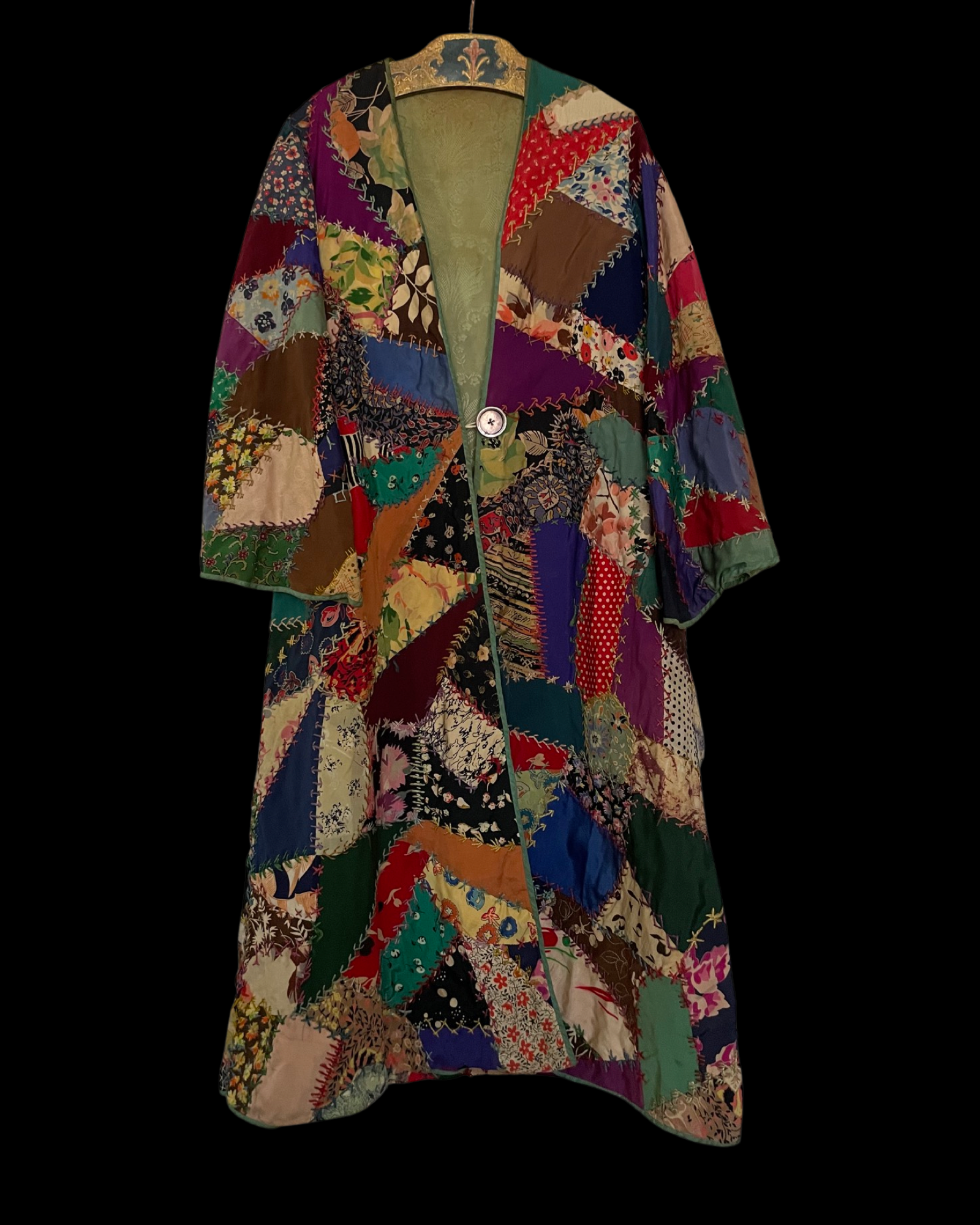 1920s Deco Bell Sleeve Silk Crazy Quilt Robe