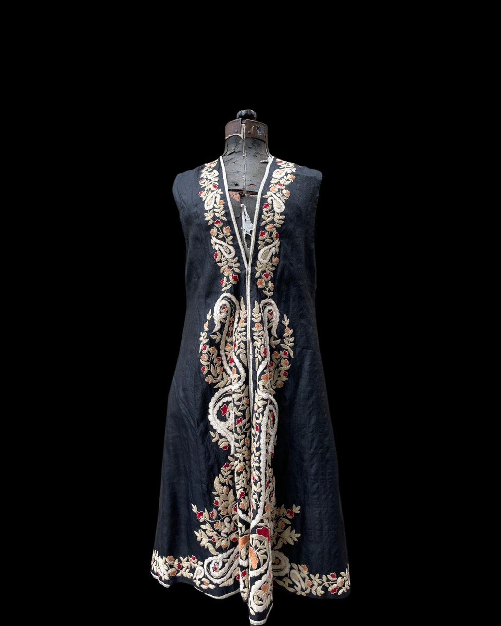 1920s/30s Densely Embroidered Floral Raw Silk Folk Vest Tunic