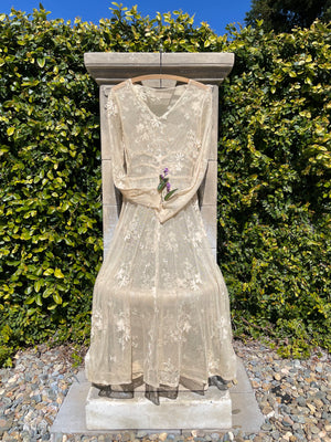 Unique 1930s Embroidered Net Lace Midi Dress