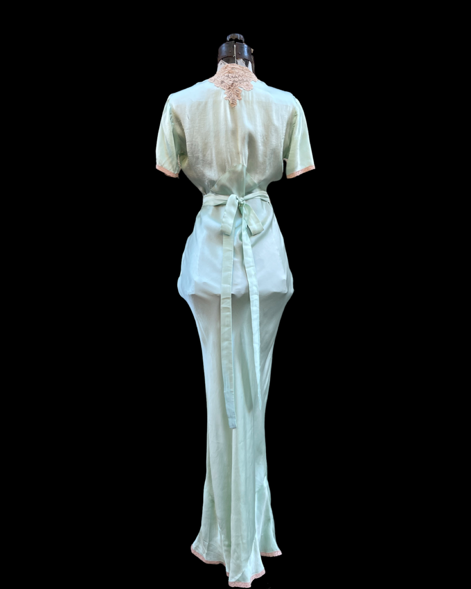1930s Minty Silk & Ecru Lace Bias Cut Slip Dress