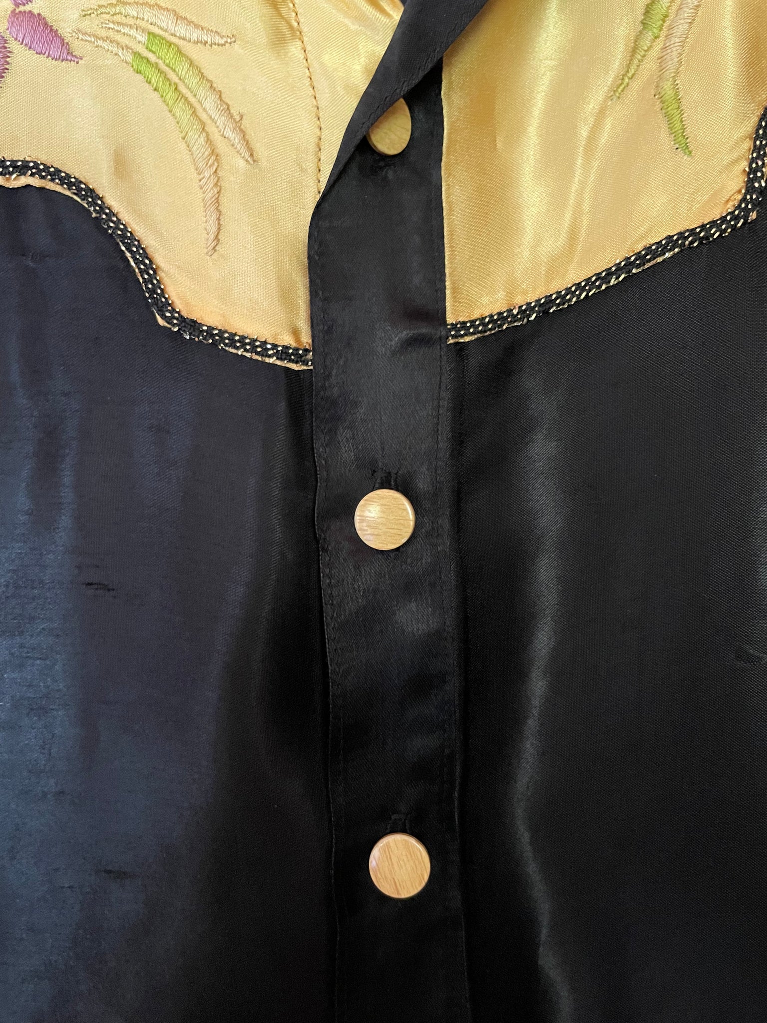 1940s Marigold Embroidered Satin Western Shirt