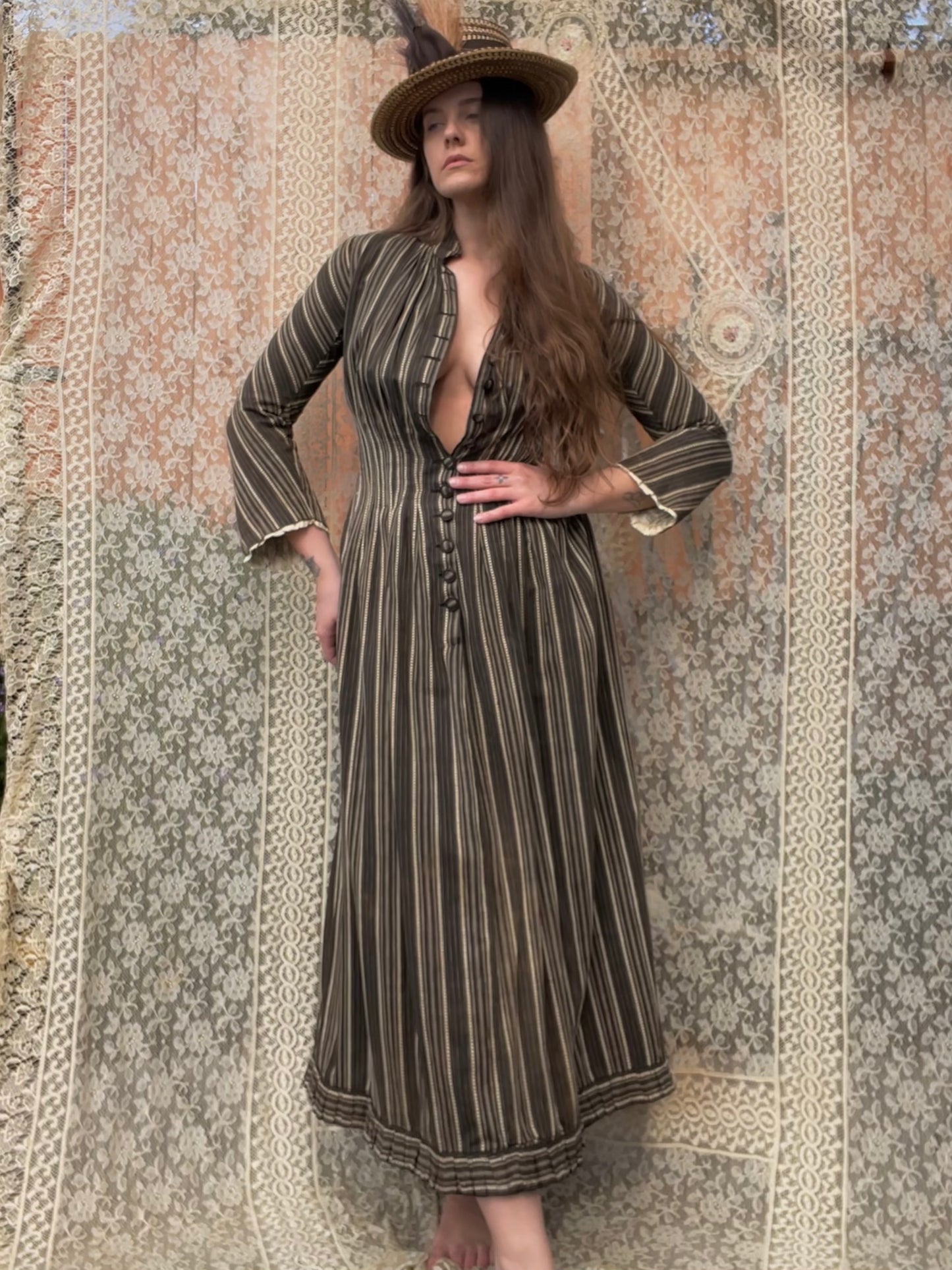 1880s Woven Straw Plume Buckle Tall Hat ( Matching Counterpart to 1880s Wool Calico Dress )