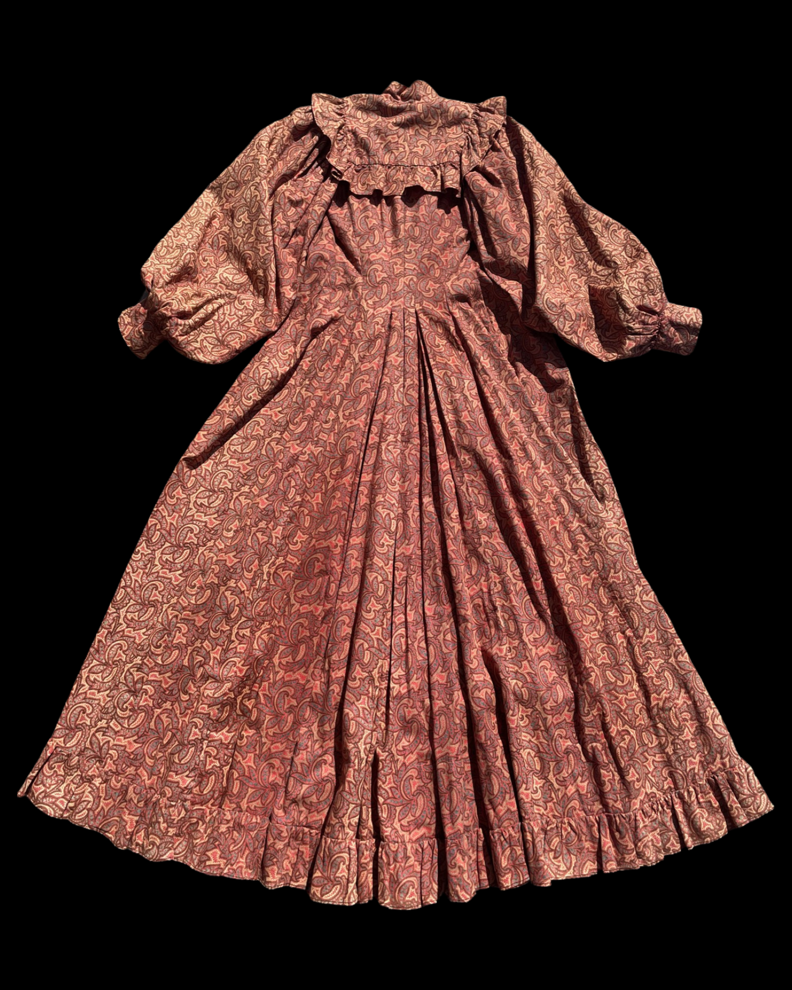Reserved- 1890s Terracotta Indian Inspired Printed Bishop Sleeve Wrapper Gown
