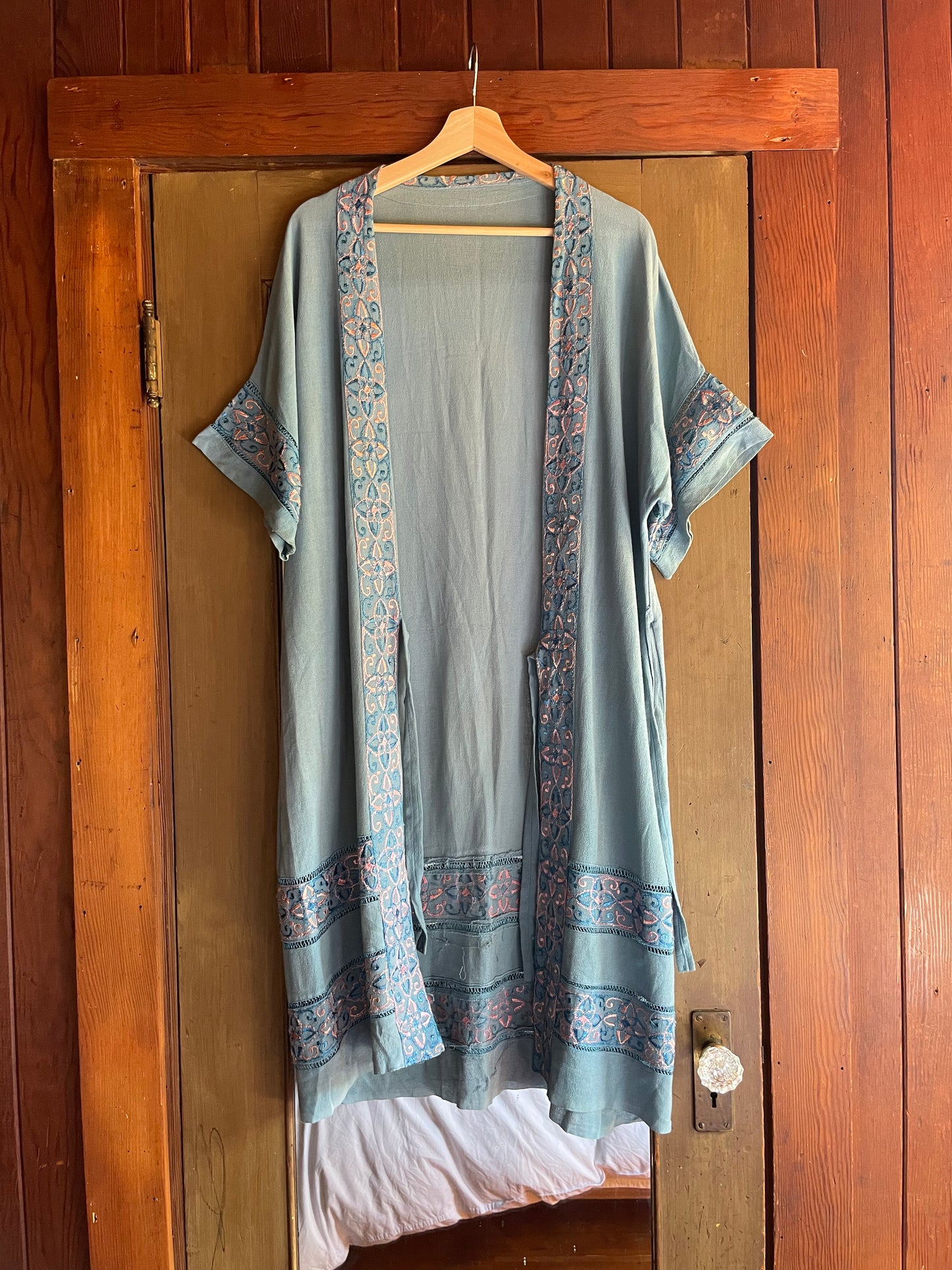 1940s Deco Crepe Baby Blue Wrap Robe Dress