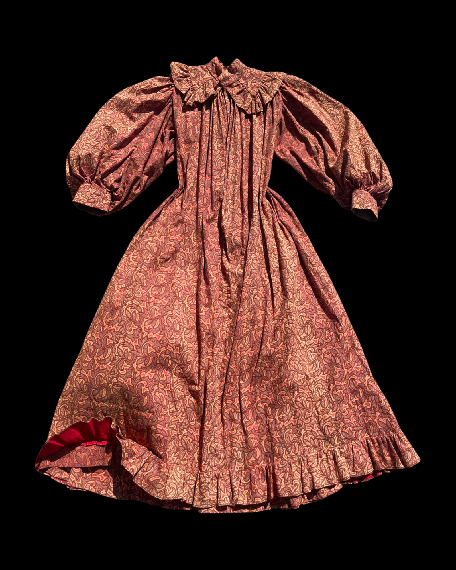 1890s Terracotta Indian Inspired Printed Bishop Sleeve Wrapper Gown