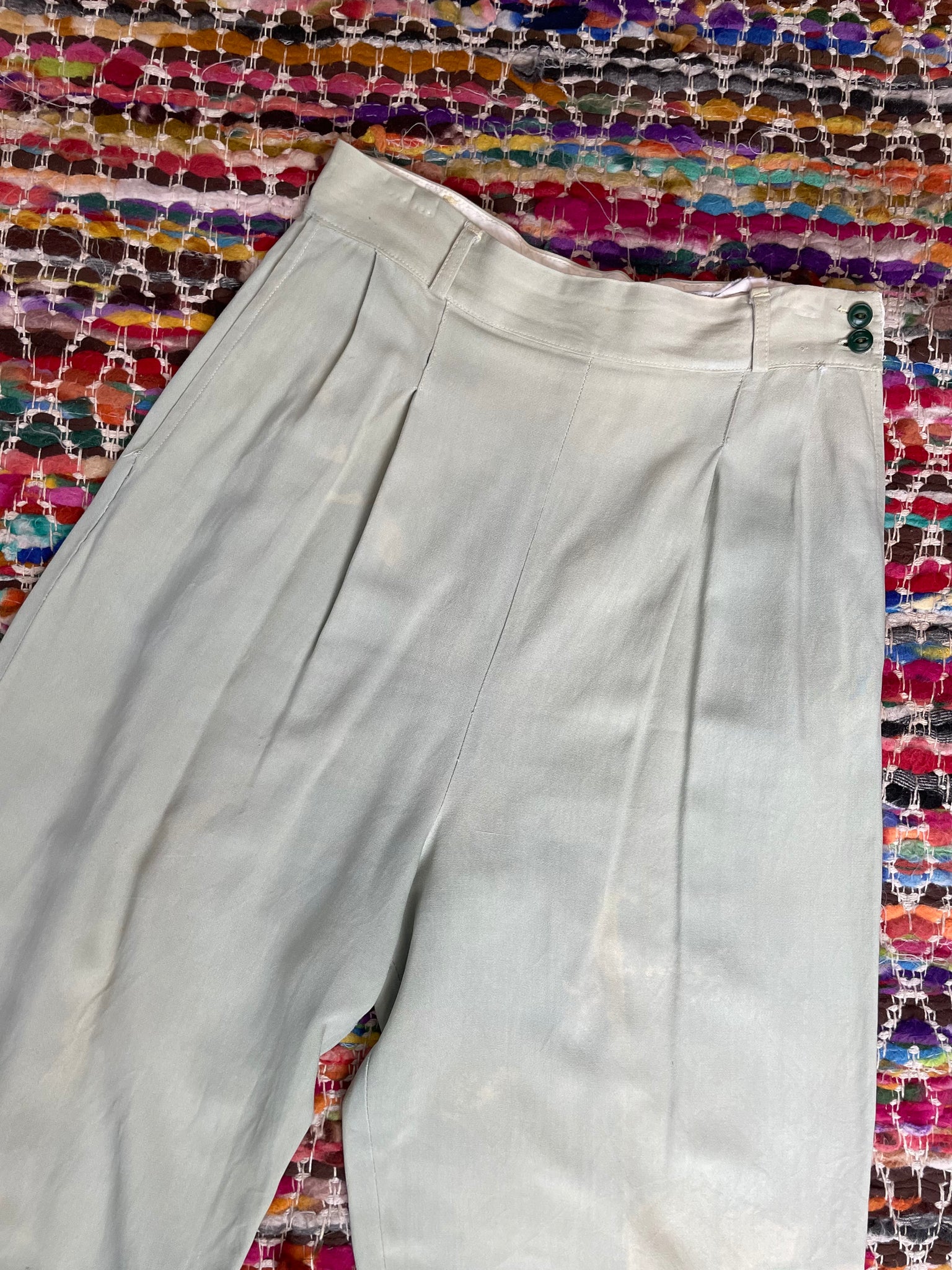 1940s Pale Seafoam Green Side Button 'Hobby Togs Hollywood Sportswear' Gabardine Trousers