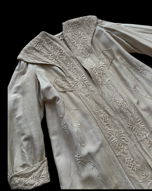 Turn Of The Century Edwardian Ecru Linen & Silk Densely Embroidered Coat