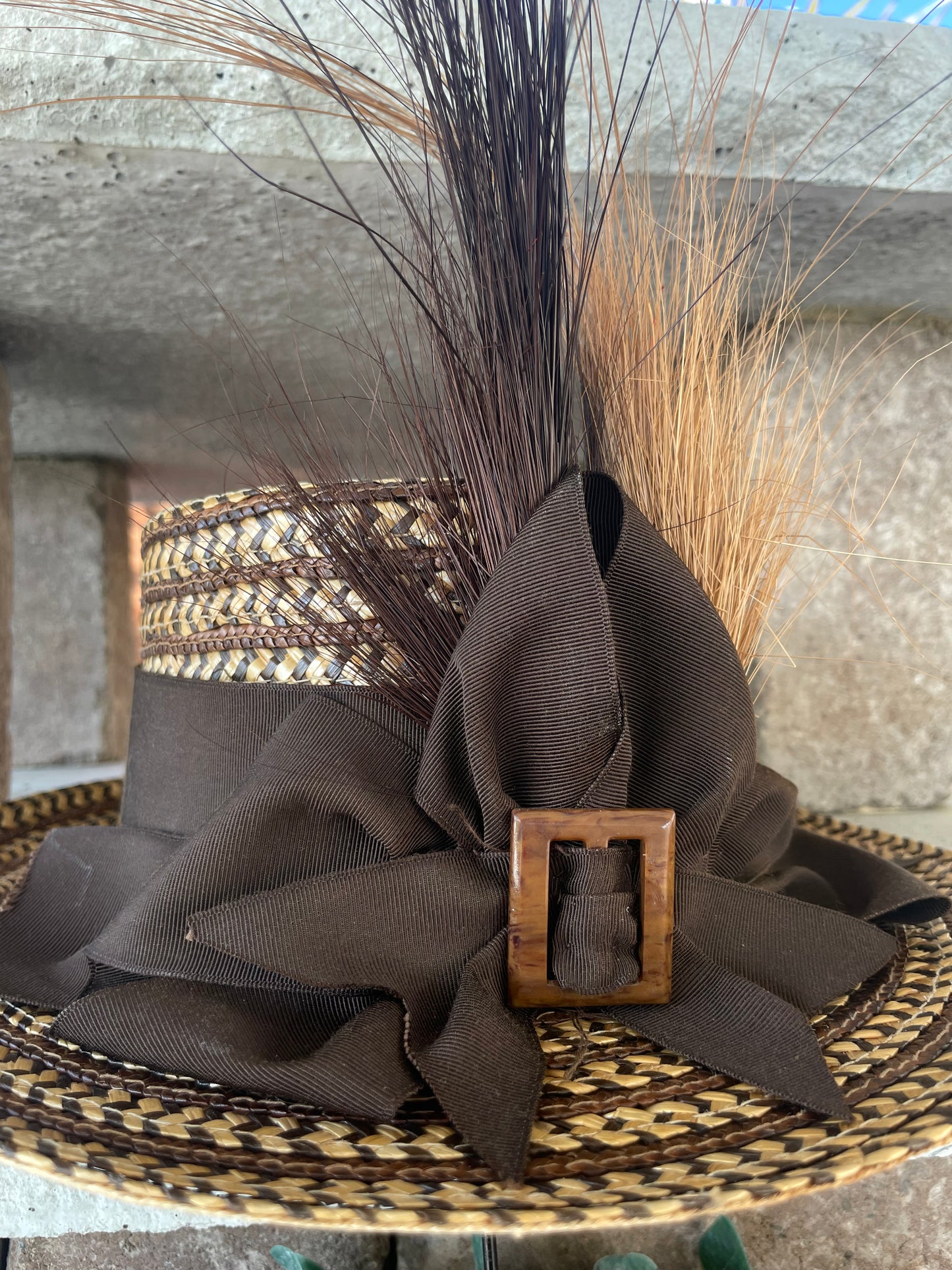 1880s Woven Straw Plume Buckle Tall Hat ( Matching Counterpart to 1880s Wool Calico Dress )