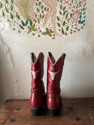 1950s/60s Cherry Red Leather Longhorn Inlay Cowboy Boots