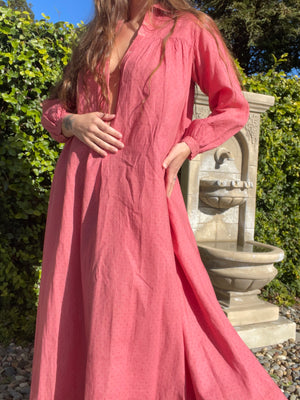 Late 1800s Cinnamon Pink Calico Wrapper Gown