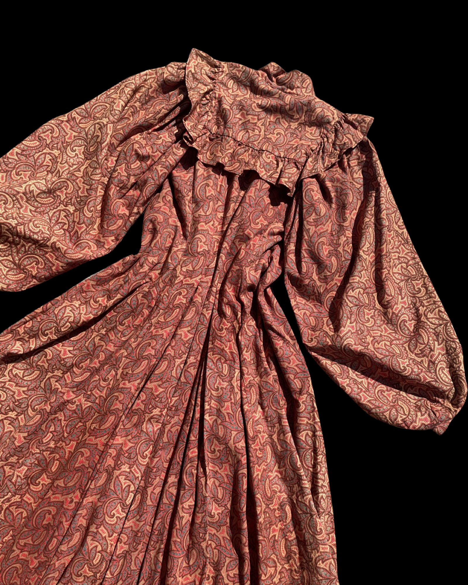Reserved- 1890s Terracotta Indian Inspired Printed Bishop Sleeve Wrapper Gown