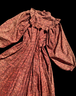 1890s Terracotta Indian Inspired Printed Bishop Sleeve Wrapper Gown