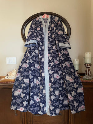 1930s Fan Print Cotton Bell Sleeve Floor Length Robe