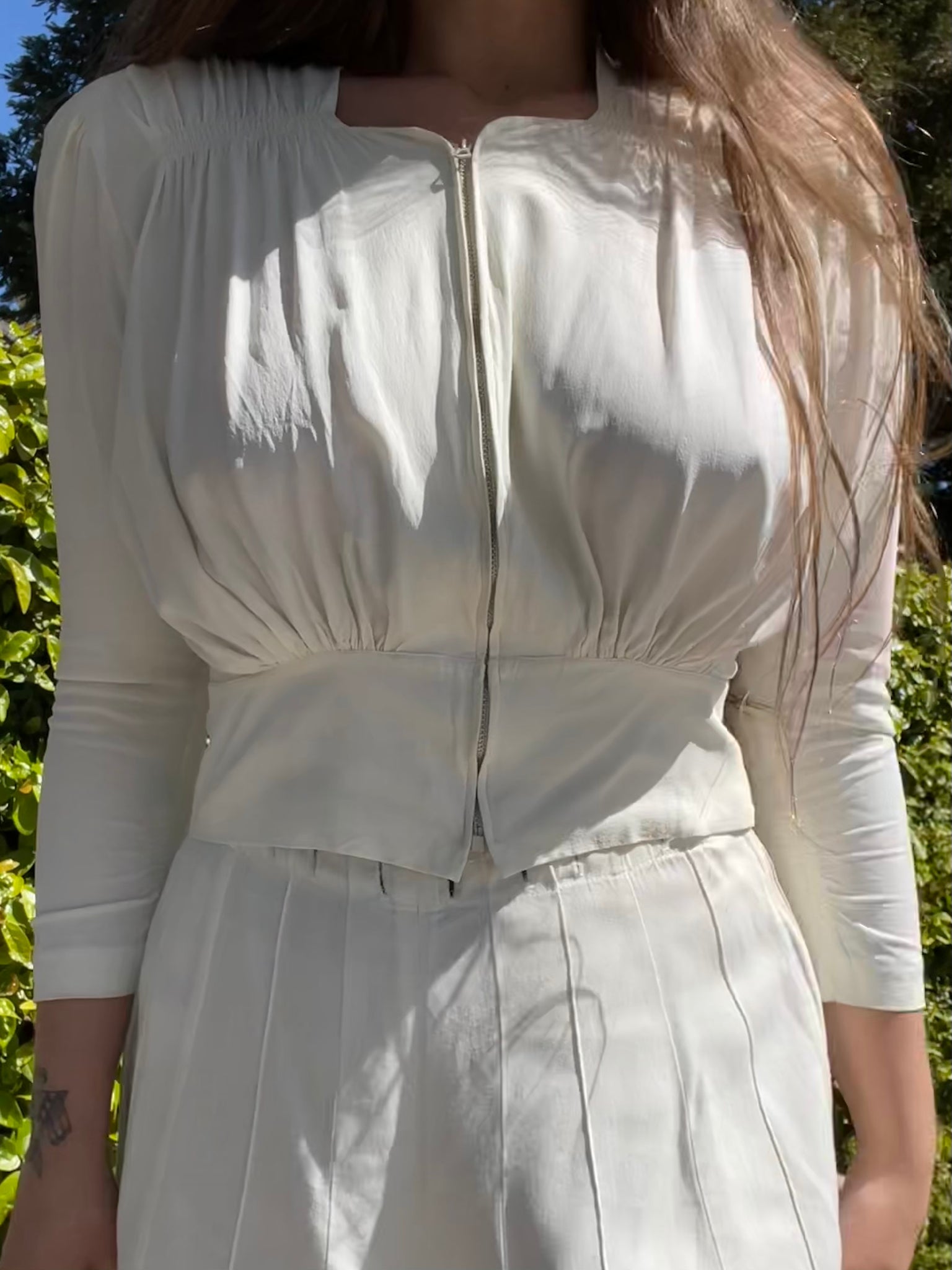 1940s Silk Crepe Talon Bell Zip Front Ruched Blouse