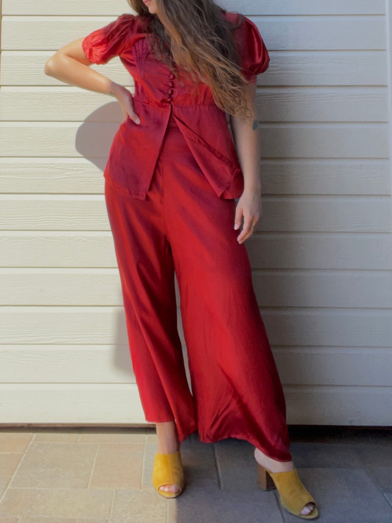 1940s Crimson Liquid Satin Two Piece Palazzo Pant Set