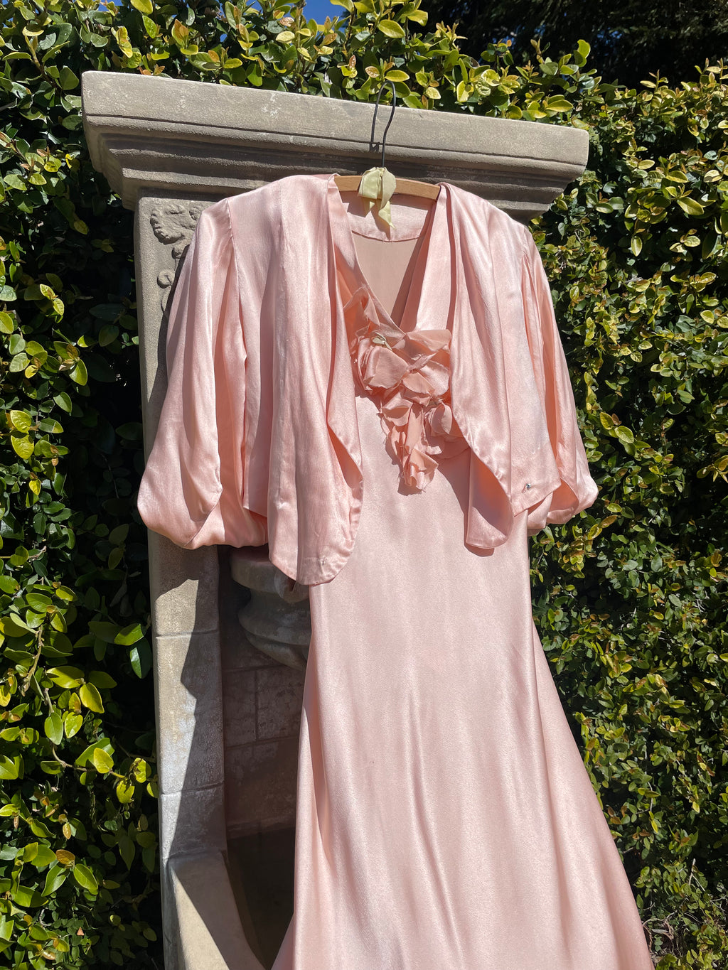 1930s Two Piece Ballet Pink Petal Sleeve Jacket & Bias Cut Dress