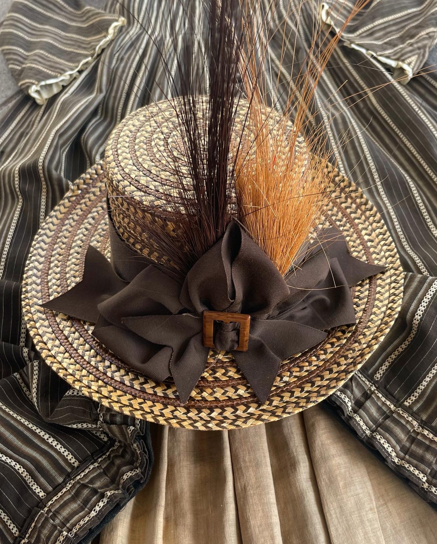 1880s Woven Straw Plume Buckle Tall Hat ( Matching Counterpart to 1880s Wool Calico Dress )