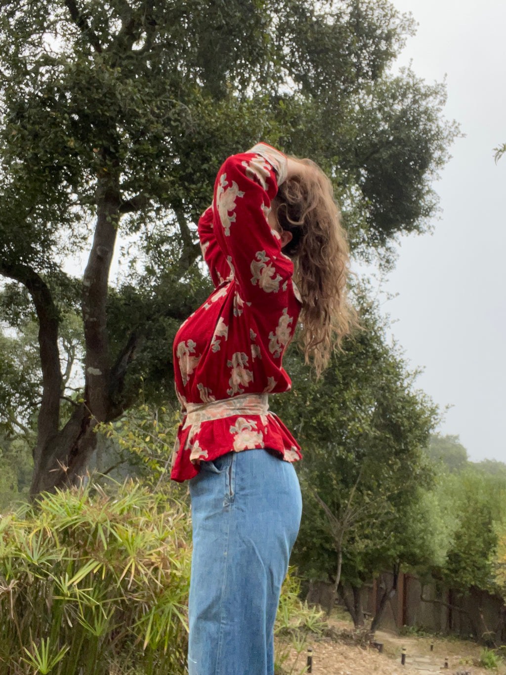 Rare Antique Floral Turkey Red Cotton Flannel Sailor Collar Blouse