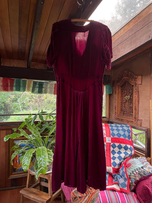 1930s Merlot Silk Velvet Ruched Midi Dress
