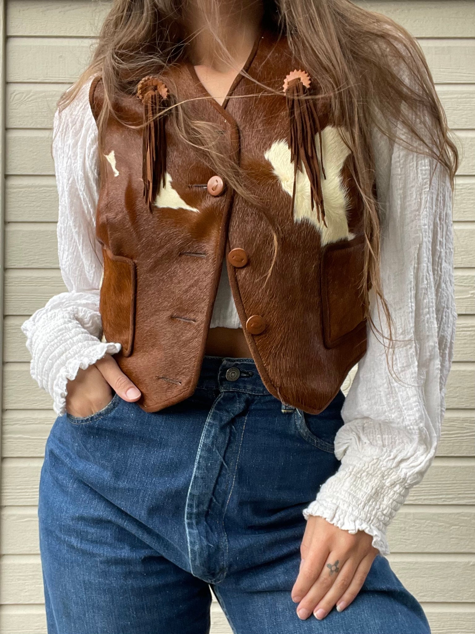 1940s Pony Hair Hair on Hide Suede Fringe Western Vest Rare