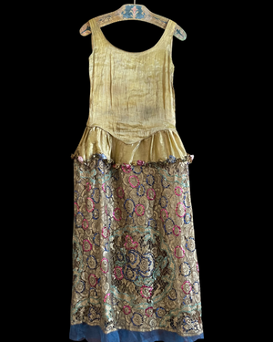 RARE 1920s Robe De Style Gold Lamé & Lace Multi Color Sequin Embellished Gown