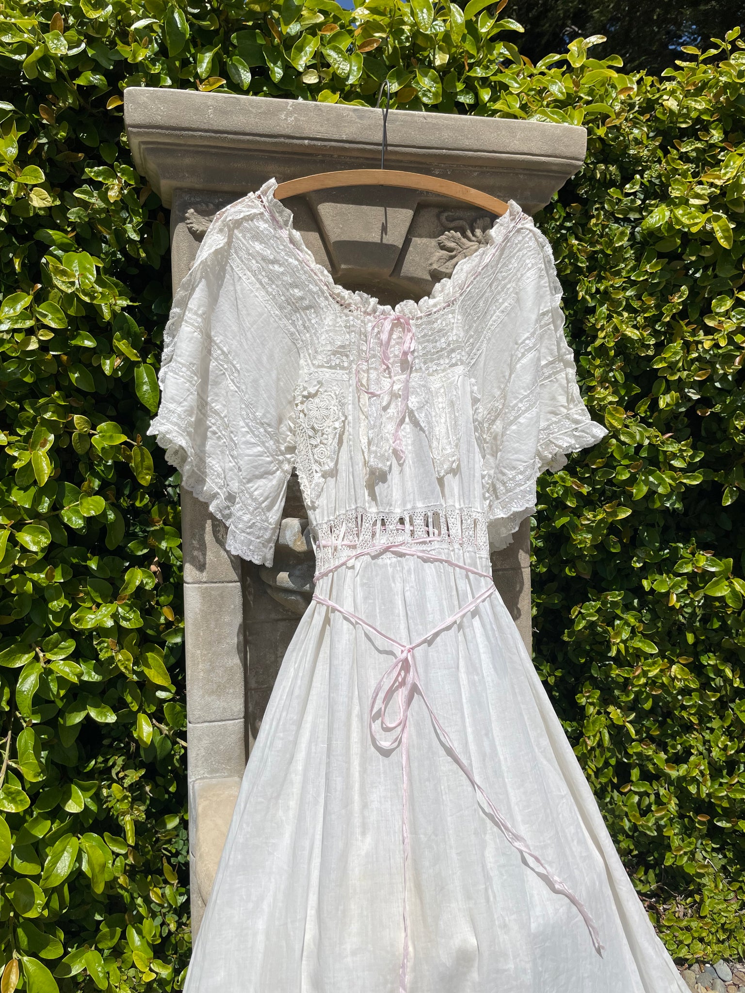 Edwardian Tie Waist Angel Sleeve Fine Cotton & Lace Negligee